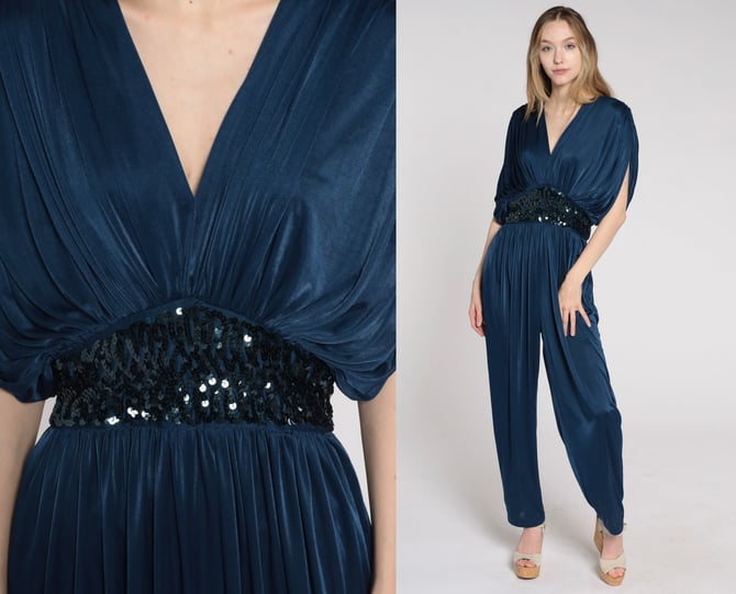 Blue Disco Jumpsuit 80s Jumpsuit Tapered Pant Sequin High Waisted 1980s Navy Deep V Neck Disco Vintage Pantsuit Short Sleeve Small Medium 
