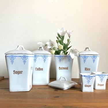 vintage canisters set blue white German porcelain coffee sugar spice 