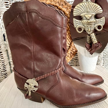 Vintage Leather Boots, Mid Calf, Dark Brown, Tribal, Ethnic, Optional Embellishment, Sz 8.5 US 