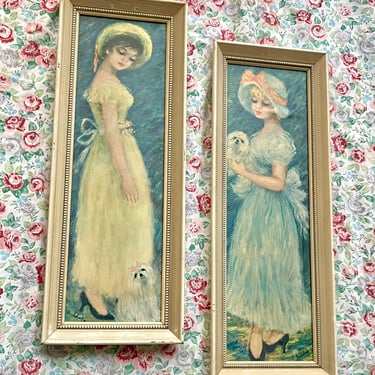 Mid Century Framed Prints, Huldah Signature, Wood Frames, Set of 2, Vintage 50s 60s Decor, Wall Hangings 