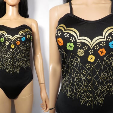 Vintage 90s Black And Gold Removable Strap One Piece Bathing Suit Size 14 