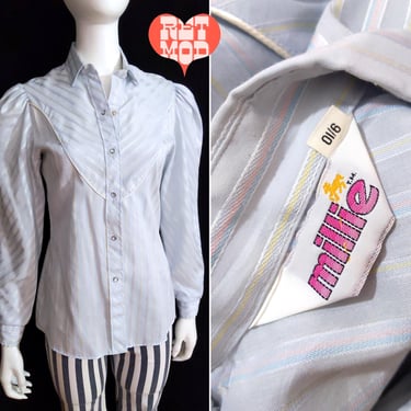 Fashionable Vintage 70s 80s Light Gray Blue with Pastel Yellow & Pink Stripes Long Sleeve Blouse 