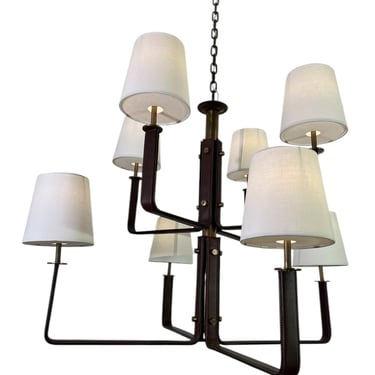 Lucca Studio Serge of Bronze and Leather Chandelier With Linen Shades