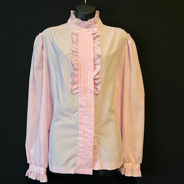 1970s ruffle front blouse vintage pink high neck button down top plus size 1X 