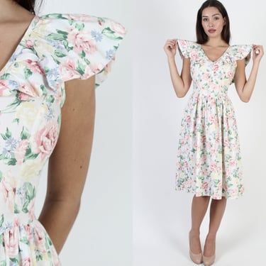 80s Romantic Country Dress / Garden Pink Rose Floral Bouquet Print / Revealing Open Back Midi Mini Dress M 