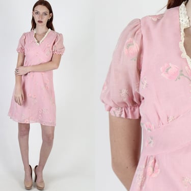 Vintage 70s Velvet Tulip Floral Dress Country Prairie Garden Bridal Pink Mini Dress 