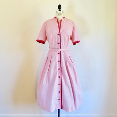 1950's Red and White Striped Seersucker Cotton Day Dress Button Font Short Sleeve 50's Spring Summer Rockabilly Nelly Don 36" Waist L/XL 