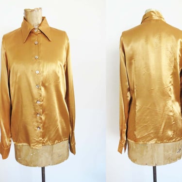 90s Gold Yellow Satin Long Sleeve Blouse  S M - Shiny Liquid Collared Button Up Top - Solid Color 1990s Rave Club Shirt 
