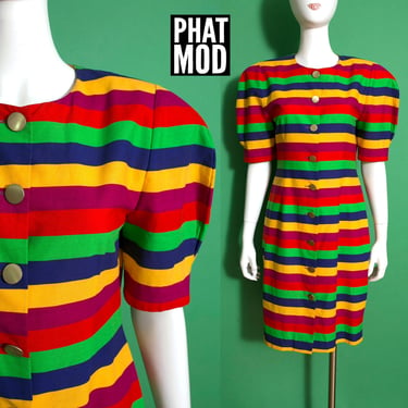 Avant Garde Vintage 80s 90s Vibrant Colorful Stripe Dress 