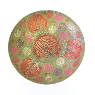 Enameled Oxidized Brass Bowl with Peacock Design 