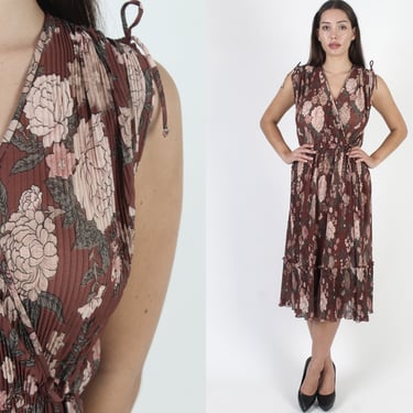 Printed Floral Bouquet Dress, Tie Shoulder Pleated Midi Dress, Thin Sheer Micro Pleat, Vintage Disco Wrap Sheer Mid Length Frock 