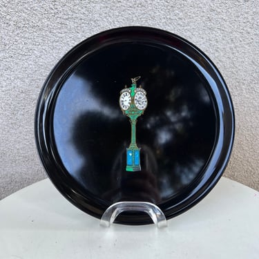 Vintage kitsch Couroc of Monterey CA black small round tray colorful Jessop clock of San Diego CA  theme inlaid acrylic 10.5” x 1/2” 
