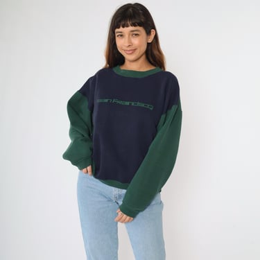 Vintage San Francisco Sweatshirt XL 90s Spellout Color Block Crewneck Graphic California Pullover Tourist 1990s Green Navy Blue Extra Large 