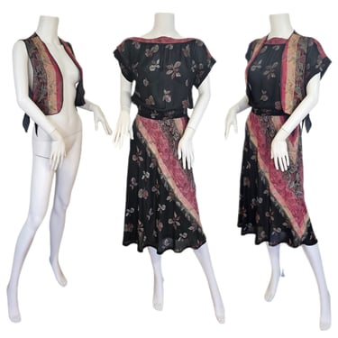 1970's Black Pink Floral Print Rayon Dress Detachable Vest I Sz Med I Disco Dress 