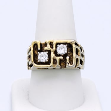 60's Brutalist sterling vermeil cubic zirconia size 9.5 ring, edgy gilded 925 silver CZs band 