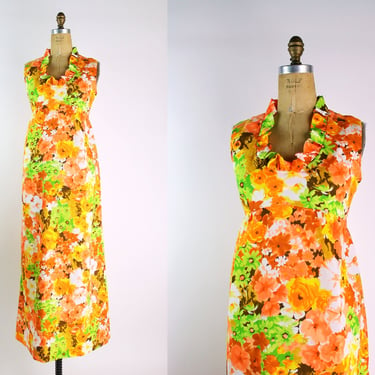 60s Floral Orange Yellow Dress / Hawaiian Dress / Floral Maxi Dress / Size S/M 