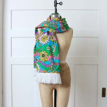 vintage 1970s bright neon floral shawl • day-glo fringed reversible wrap oversized hippie scarf 