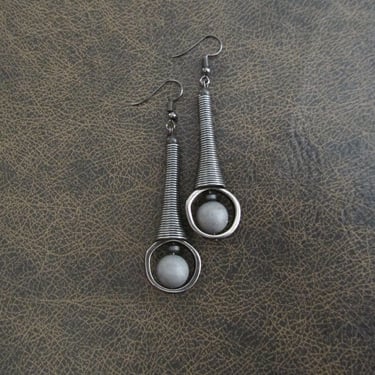 Mid century modern earrings, Brutalist earrings, minimalist earrings, electroplated druzy unique artisan, silver and gunmetal earrings 