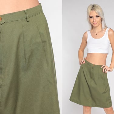 Olive Green Skirt 70s Mini Skirt High Waisted Mod Aline Plain Preppy Retro Seventies Flared A-Line Basic Casual Solid Vintage 1970s Small S 