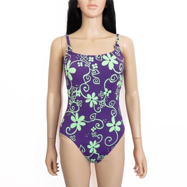 Vintage 90s Hawaiian Print Purple and Lime Green One Piece Swimsuit Size S/M 