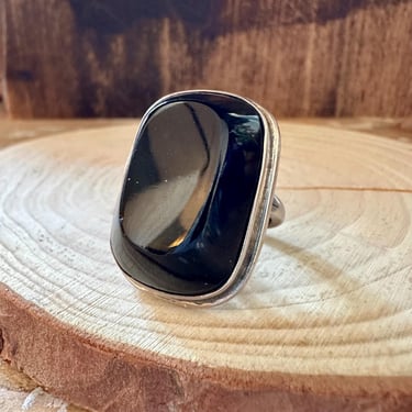 SQUARE BLACK ONYX Chunky Silver Ring | Large Statement Ring | Sterling Silver | Mexican, Southwestern | Size 6 1/4 