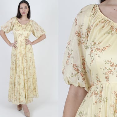 70s Pleated Buttercup Grecian Disco Dress / Billowy Sleeve Sweeping Long Pleated Skirt / Womens Cocktail Lounge Singer Maxi Dress 