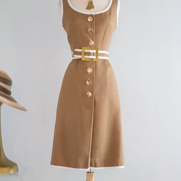 Fabulous 1960's Coffee & Cream Linen Dress By Miss Elliette / SM
