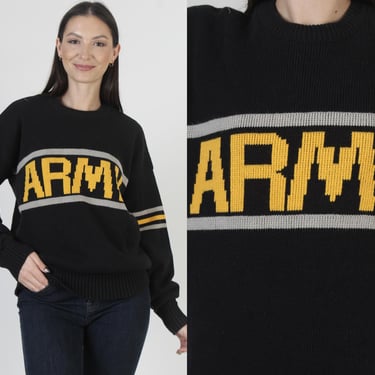 Vintage Cliff Engle Army Sweater, Black Spell Out Jumper, Crew Neck College Cardigan, Tag Size XL 