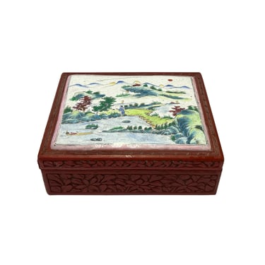 Vintage Chinese Red Resin Lacquer Rectangular Floral Carving Accent Box ws3010E 