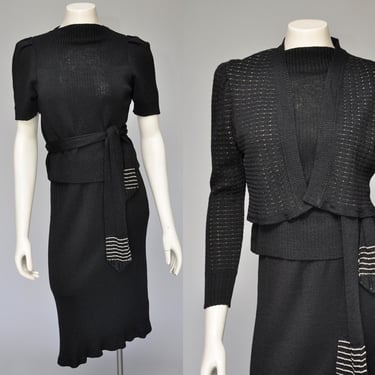 1930s black 4 piece knitwear skirt sweater set XS-M 