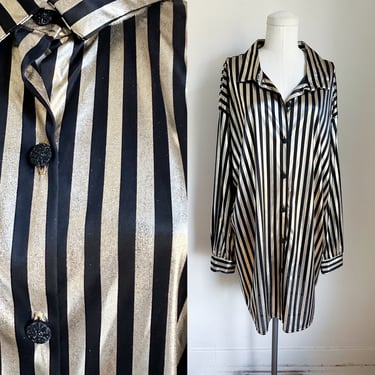 Vintage 1980s Gold & Black Striped Shirt Tunic / Dress // fits on many 