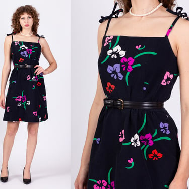 70s Does 40s Hawaiian Tropical Floral Sundress - Small | Vintage Malia Black Flower Print Sleeveless Mini Dress 