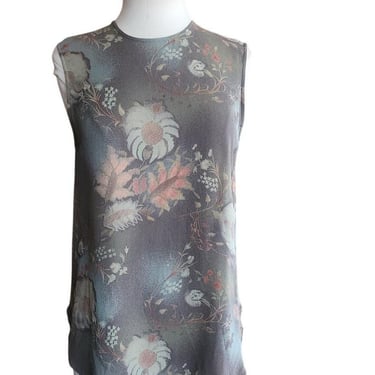 Vintage 90s Armani Black Label Blouse Gray Floral Silk Print Shell Top / M 