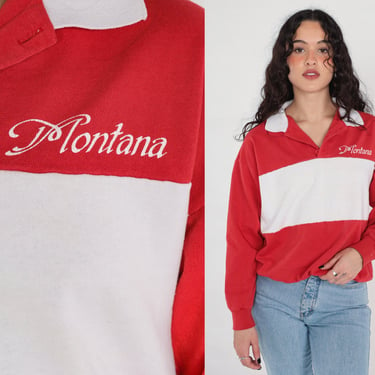 Montana Polo Sweatshirt -- 90s Montana Shirt Red White Color Block Graphic Sweatshirt Vintage Collared Button Up 1990s Shirt Large 