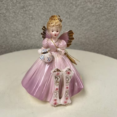 Vintage Josef Originals ceramic figurine Angel little girl Birthday 11 sewing pink tones 