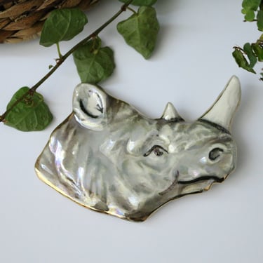 Large Ceramic Rhinoceros Brooch - Gold Rimmed Safari African Animal Pin - Ceramic Art to Wear Brooch 