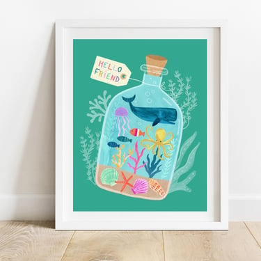 Sea Life Terrarium Art Print/ Children's Ocean Illustration/ Marine Animals Nursery Print/ Kids Room Underwater Scene Wall Decor 
