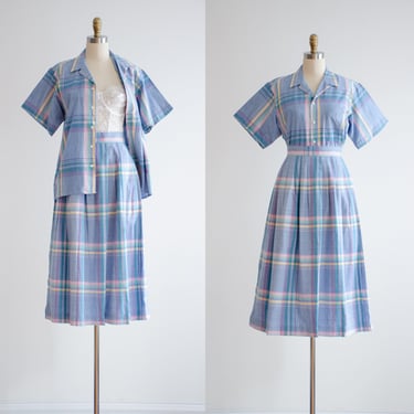 blue plaid skirt set 80s 90s vintage pastel cottagecore midi skirt and blouse 