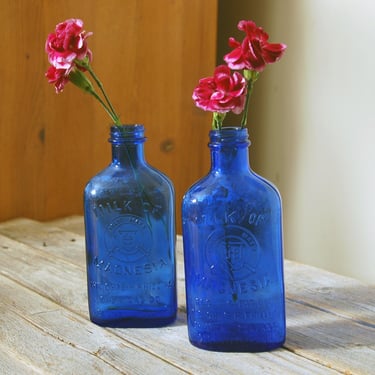 Vintage Milk of Magnesia bottles / vintage cobalt blue glass bottle / apothecary bottle / medicine bottle / blue glass vase / vintage bottle 