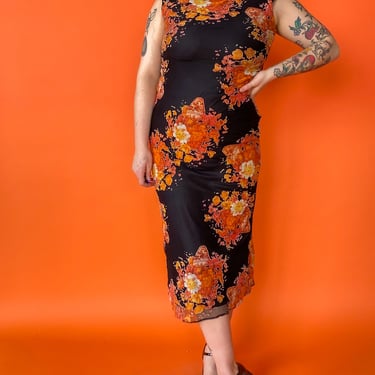 1990s Orange Floral Burnout Maxi Dress, sz. 2X