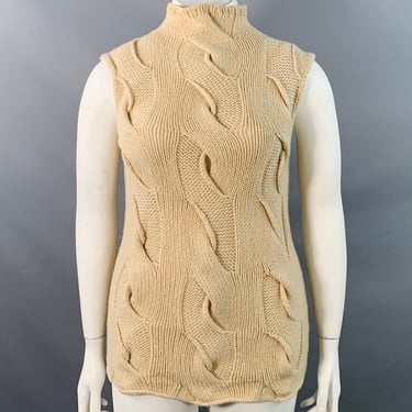 TSE Size L Beige Cashmere Cable Knit Sleeveless Mock Neck Sweater