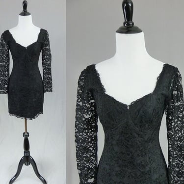 90s Black Lace Party Dress - Sheer Lace Sleeves - Built-in Bra - Formal Dress - Moda Int'l - Vintage 1990s - S 