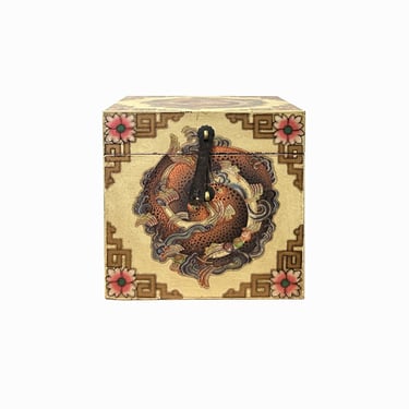 Chinese Distressed Beige Cream Double Fishes Graphic Square Shape Box ws3490E 