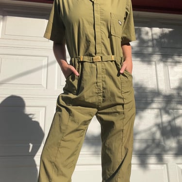 Vintage 1970s Green Utility Suit Coveralls Short Sleeve Jumpsuit Medium Large Unisex Belt by TimeBa