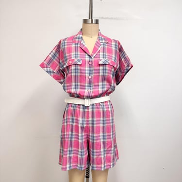 Vintage 80s Romper | Pink Plaid Short Jumpsuit | Size Large 