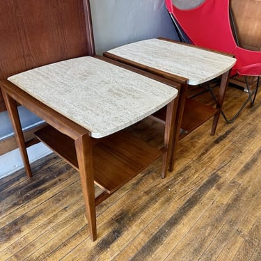 Mid Century Pair of Travertine and Walnut End Tables
