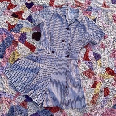 Vintage 1940s Blue & Maroon Striped Cotton Playsuit Romper Celluloid Buttons