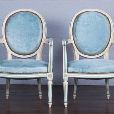 Antique French Louis XVI Style Painted Armchairs and Tabourets W/ Blue Velvet - A Pair 