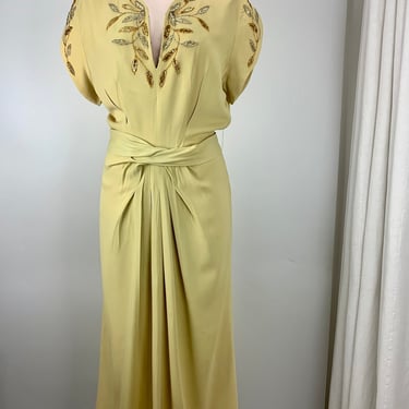 1940s Rayon Crepe Gown - Soft Mustard Color - Bead & Sequin Details - Draped Waistband  - 27 - 28 Inch Waist 