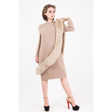 Vintage Travilla fox fur dress / 1980s wool sheath with attached cape / Crystal fox / M L 